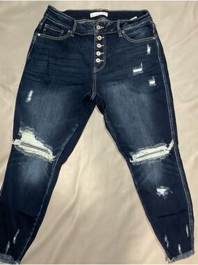 KanCan Dark Indigo Distressed Skinny Jeans with Button-Fly Detail